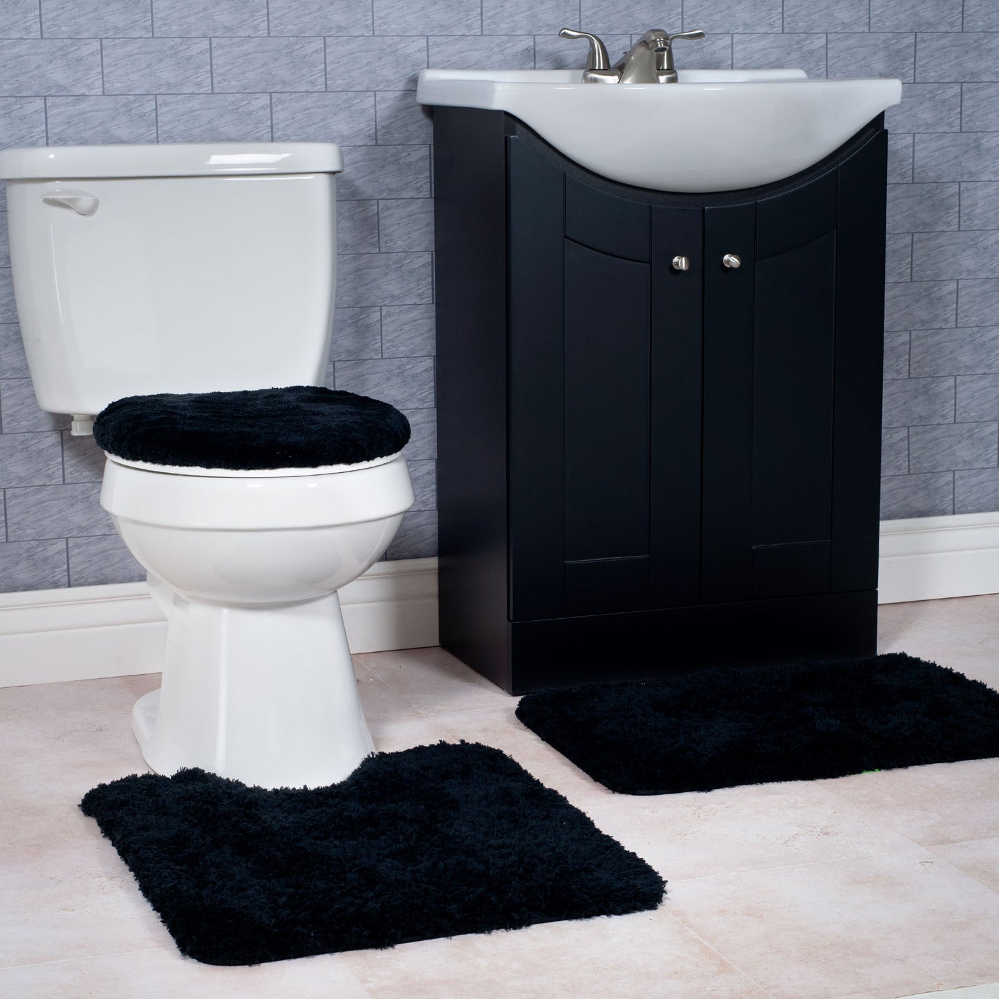 3-Piece Bathroom Set Bath Mat, Contour, and Lid Cover, with Rubber Backing