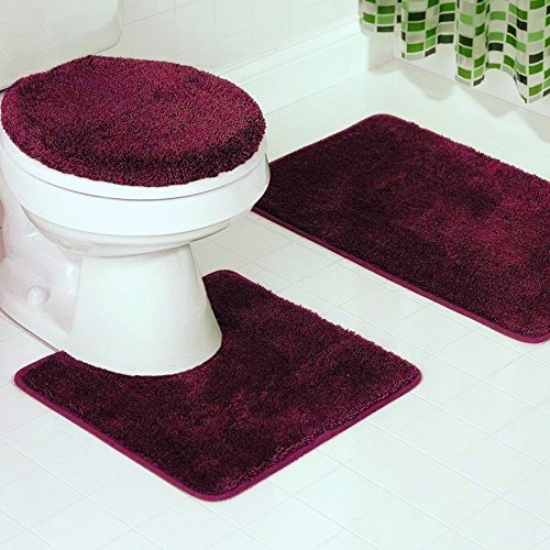 3-Piece Bathroom Set Bath Mat, Contour, and Lid Cover, with Rubber Backing