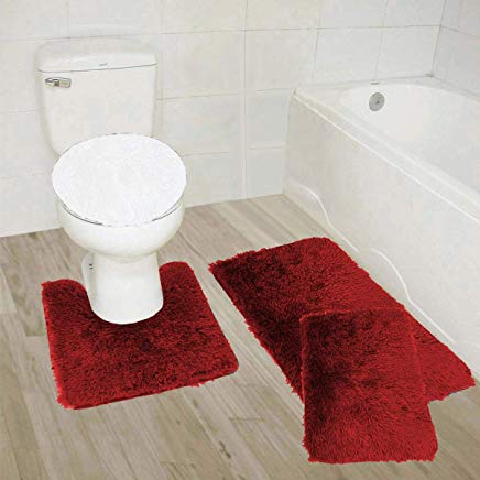 3-Piece Bathroom Set Bath Mat, Contour, and Lid Cover, with Rubber Backing