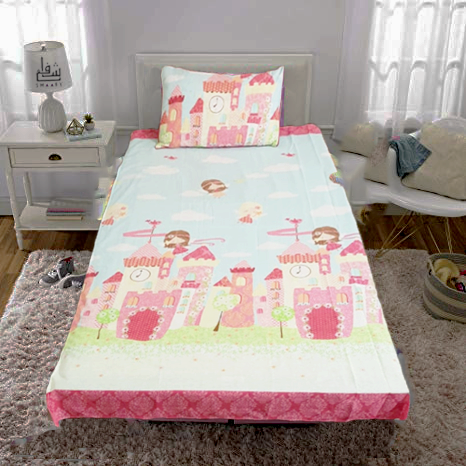 Single kids bed sheet with 1 pillow cover-pink house